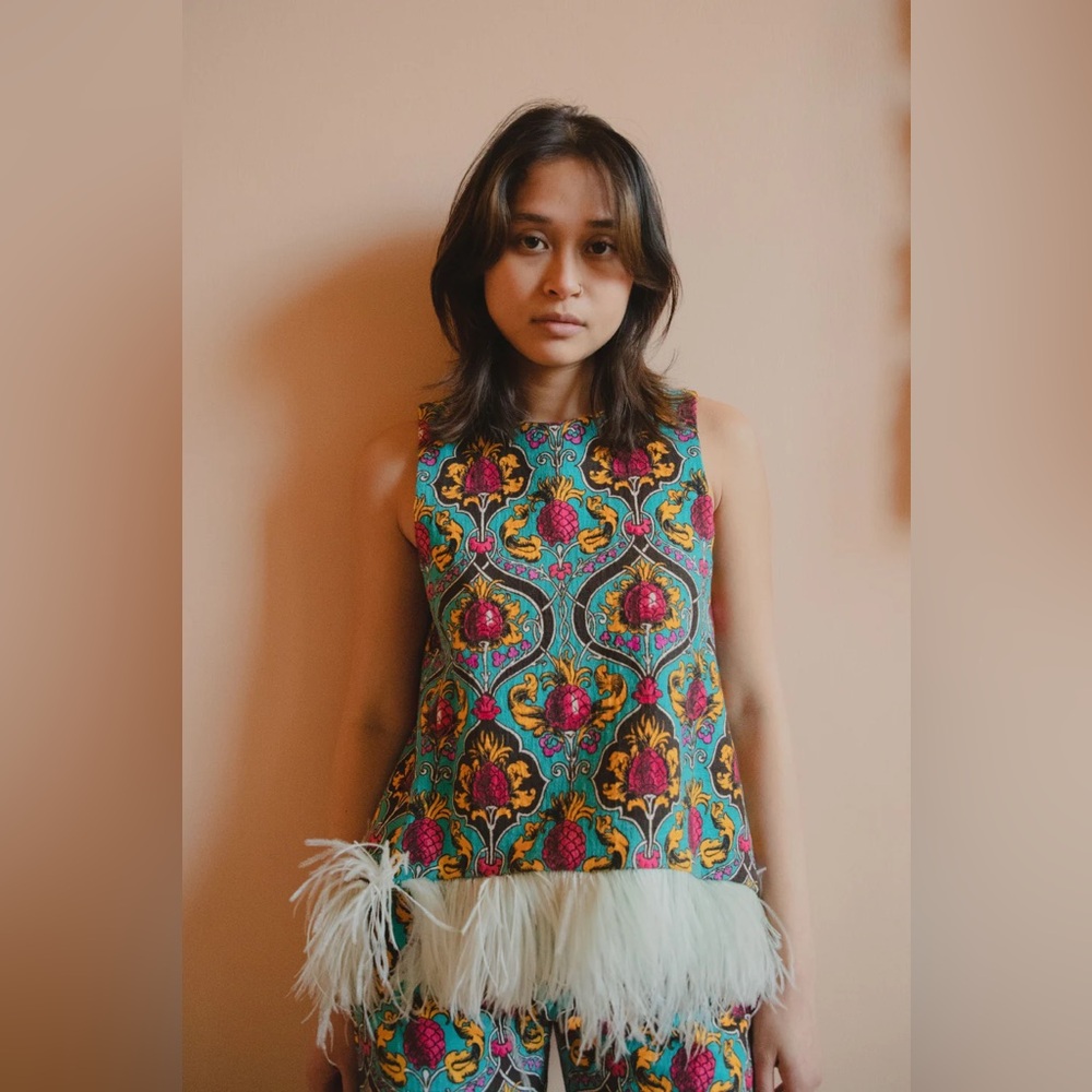 La DoubleJ La Scala feather trim top in Ananas Rosa print